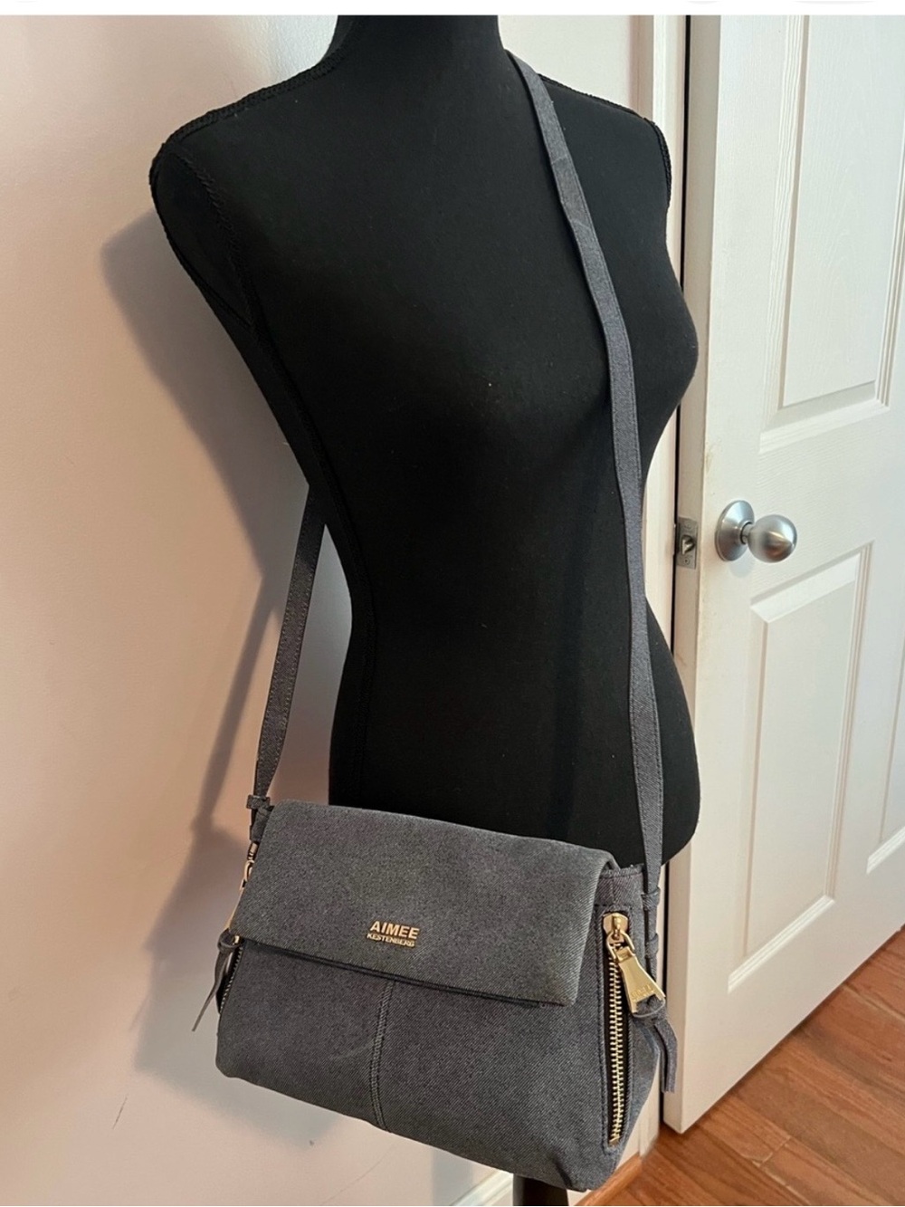 Aimee Kestenberg  bluish Gray Suede Crossbody Bag with Gold Hardware